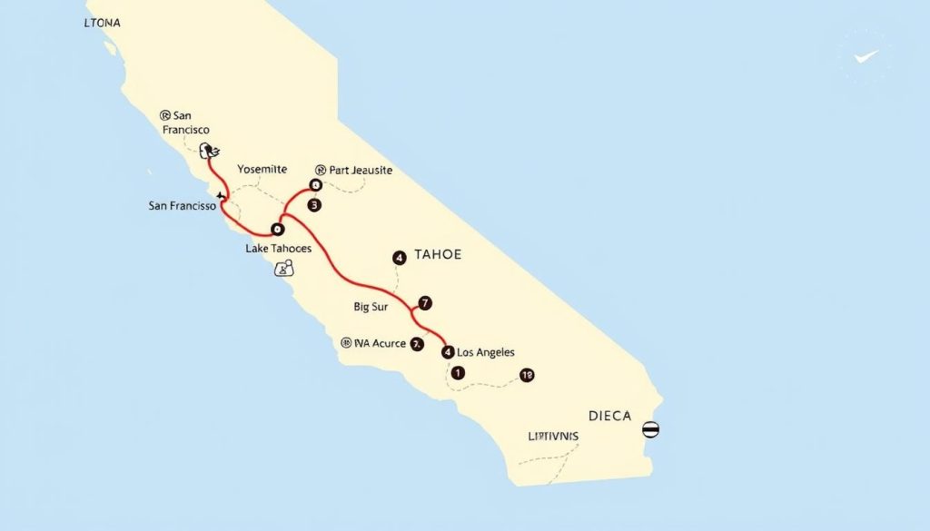 Mapa de ruta por California mostrando los principales puntos de interés para un itinerario de 10 días