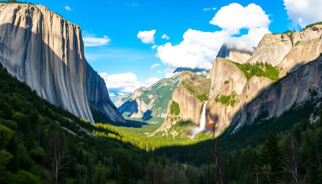 Vista del Valle de Yosemite con El Capitán y cascadas, uno de los parques nacionales imprescindibles qué ver en California