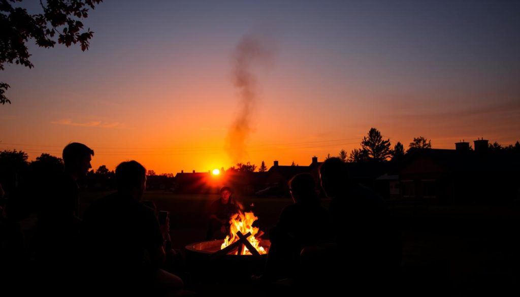 Atardecer en campamentos de verano Camp New York con jóvenes reunidos alrededor de una fogata