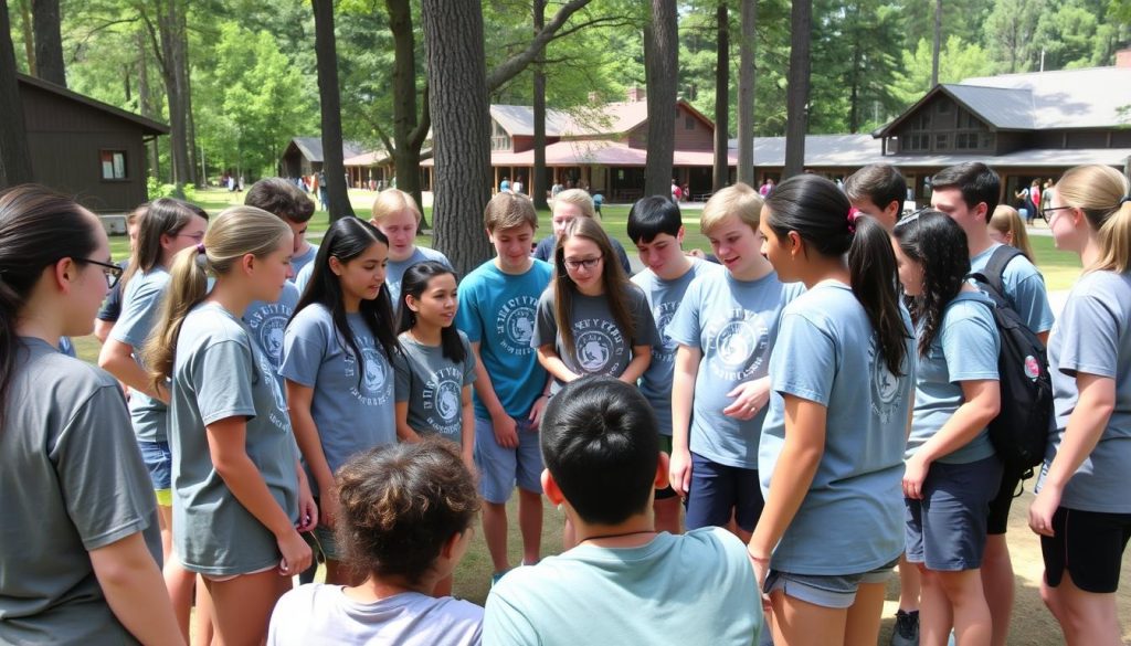 Grupo de jóvenes y monitores en actividad de trabajo en equipo en campamentos de verano Camp New York