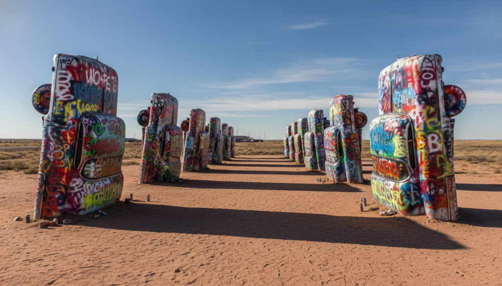 Cadillac Ranch en Amarillo, Texas, con coches enterrados decorados con graffiti
