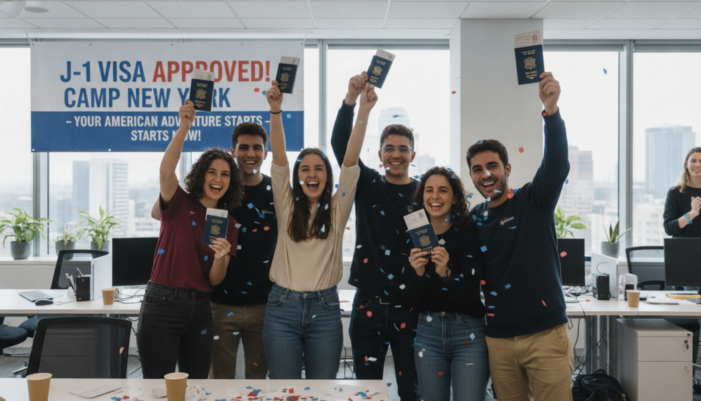 Candidatos felices de Camp New York celebrando aprobación visa J-1
