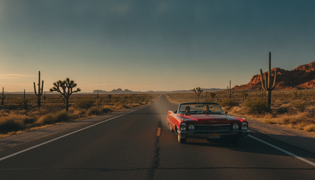 Coche clásico americano en la carretera de la Ruta 66