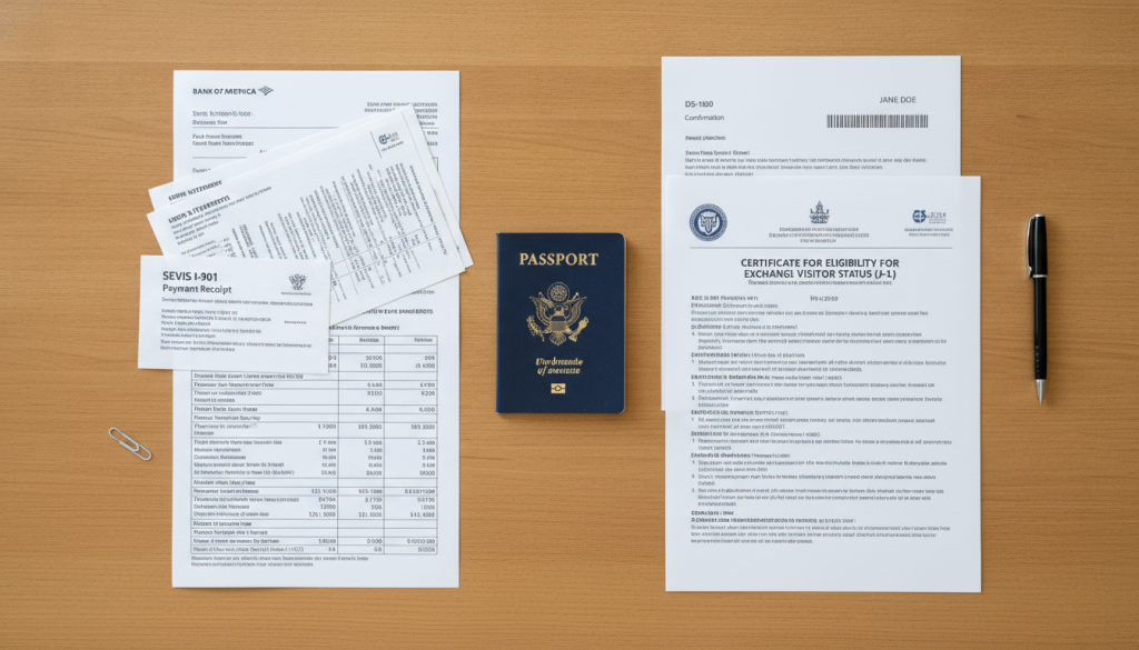 Documentos organizados para entrevista J-1 incluyendo pasaporte y DS-160