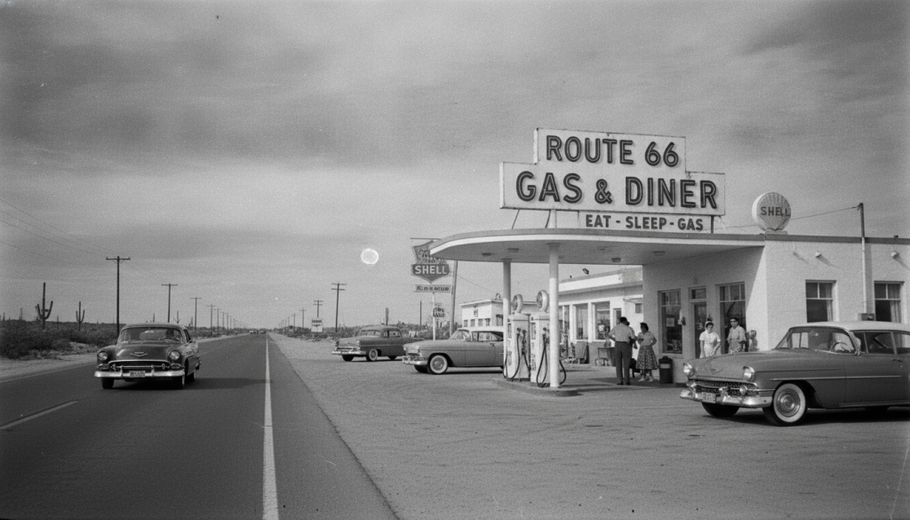 Fotografía histórica en blanco y negro de la Ruta 66 en los años 50