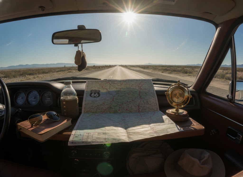 Interior de coche con mapa de la Ruta 66 y preparativos de viaje