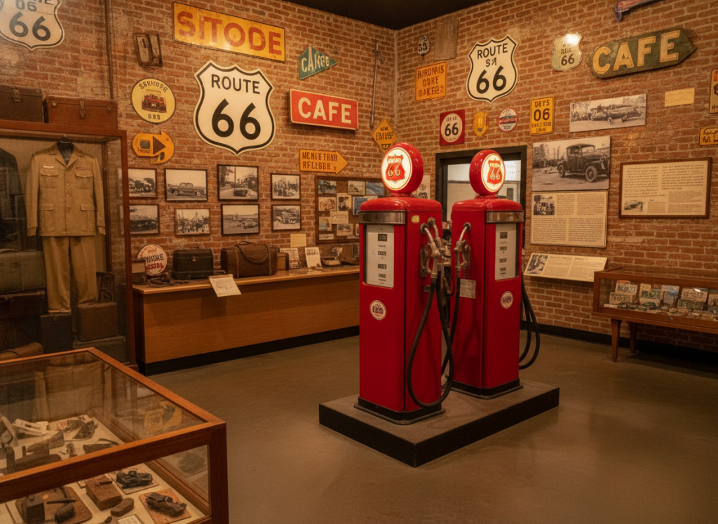 Interior de un museo de la Ruta 66 con memorabilia vintage