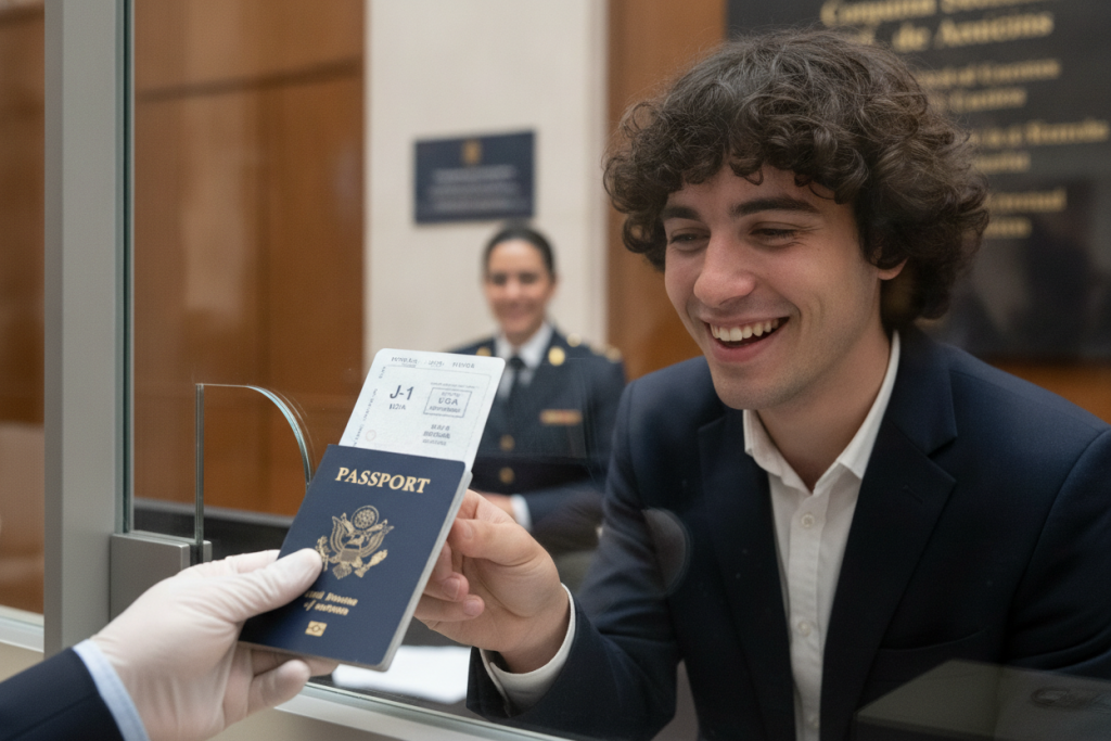 Joven español recibiendo aprobación de visa J-1 en embajada