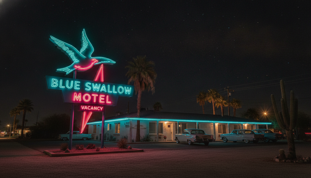 Letrero de neón del Blue Swallow Motel iluminado de noche