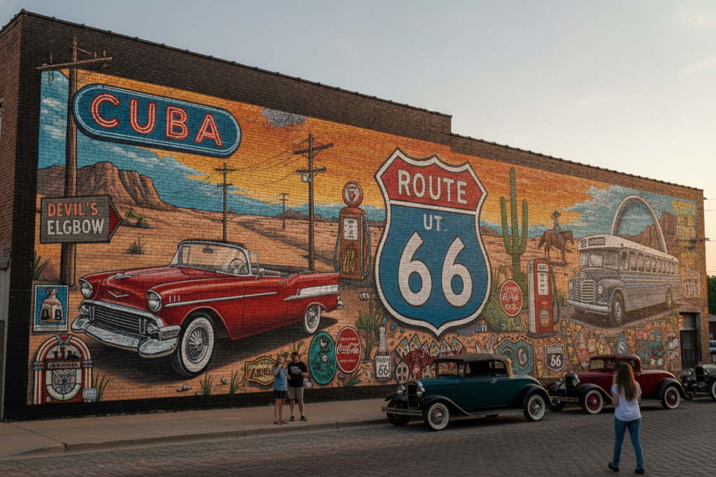 Mural colorido en Cuba, Missouri representando la historia de la Ruta 66