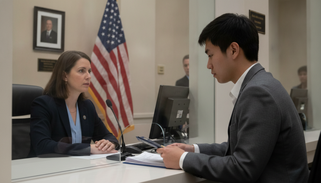 Oficial consular realizando entrevista J-1 en embajada americana