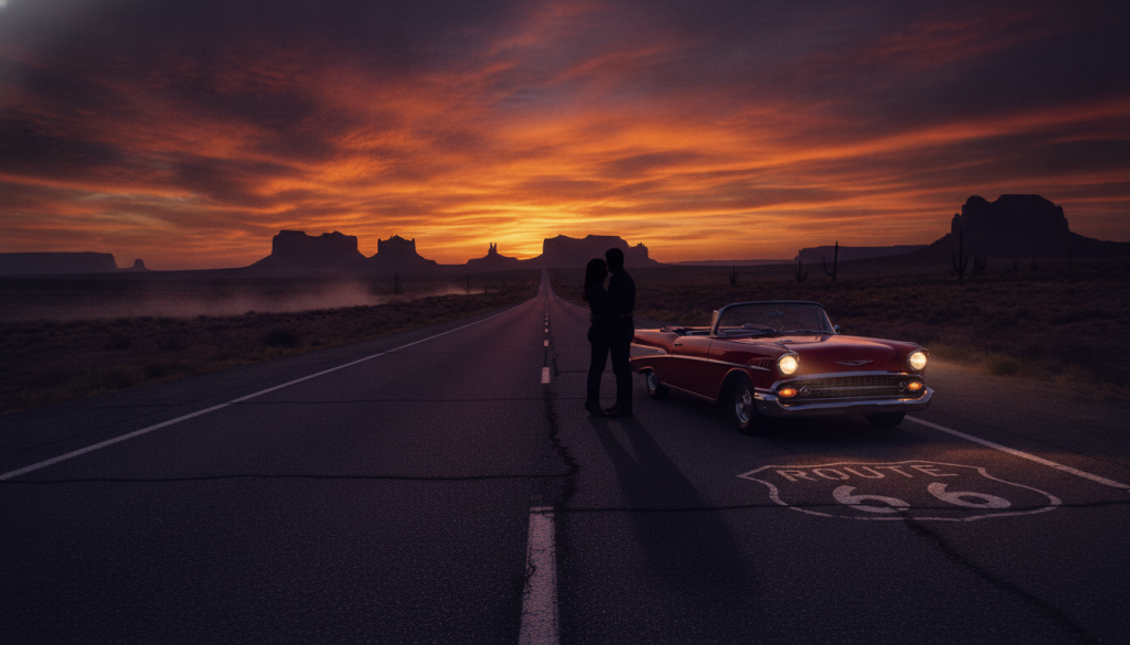 Pareja disfrutando del atardecer en la Ruta 66 junto a su coche