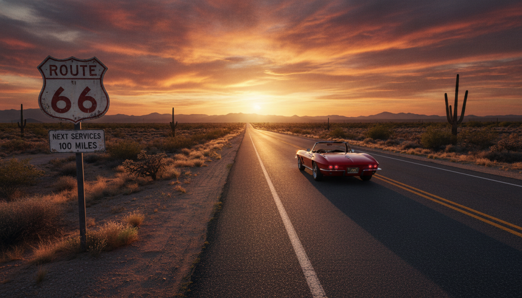 Ruta 66 carretera atravesando el desierto americano al atardecer