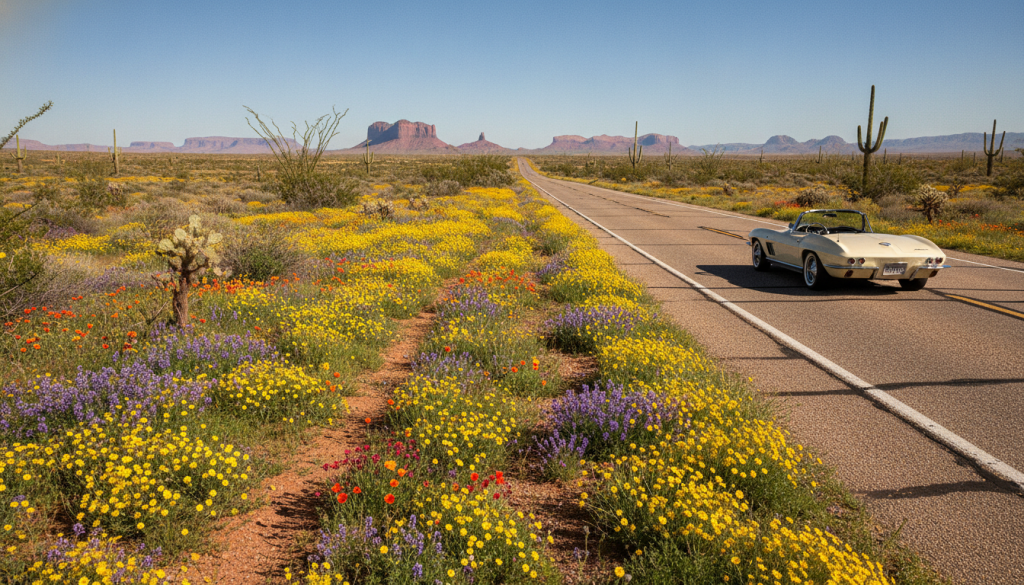 Ruta 66 en primavera con flores silvestres y cielo azul