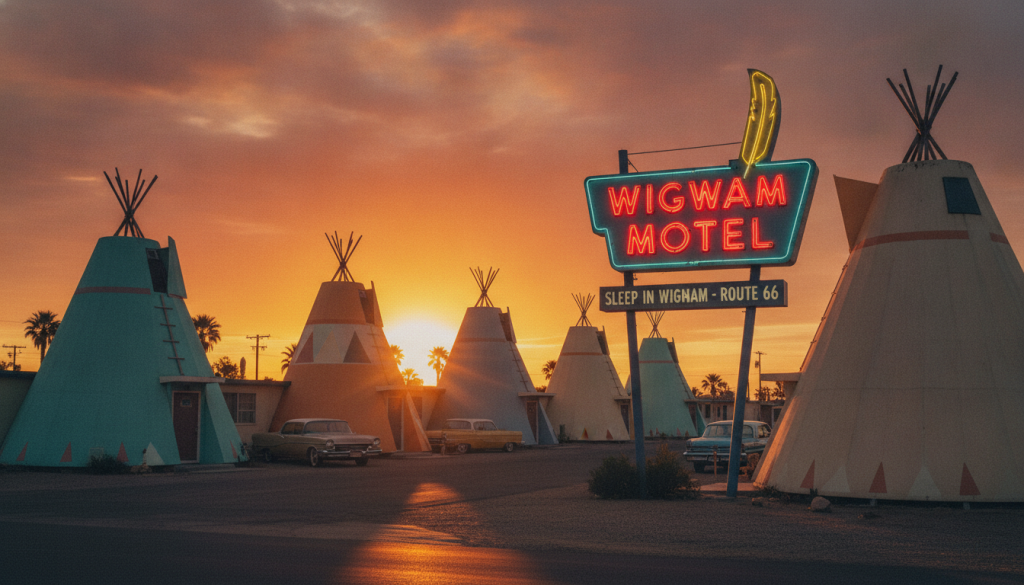 Wigwam Motel con tipis de hormigón característicos al atardecer