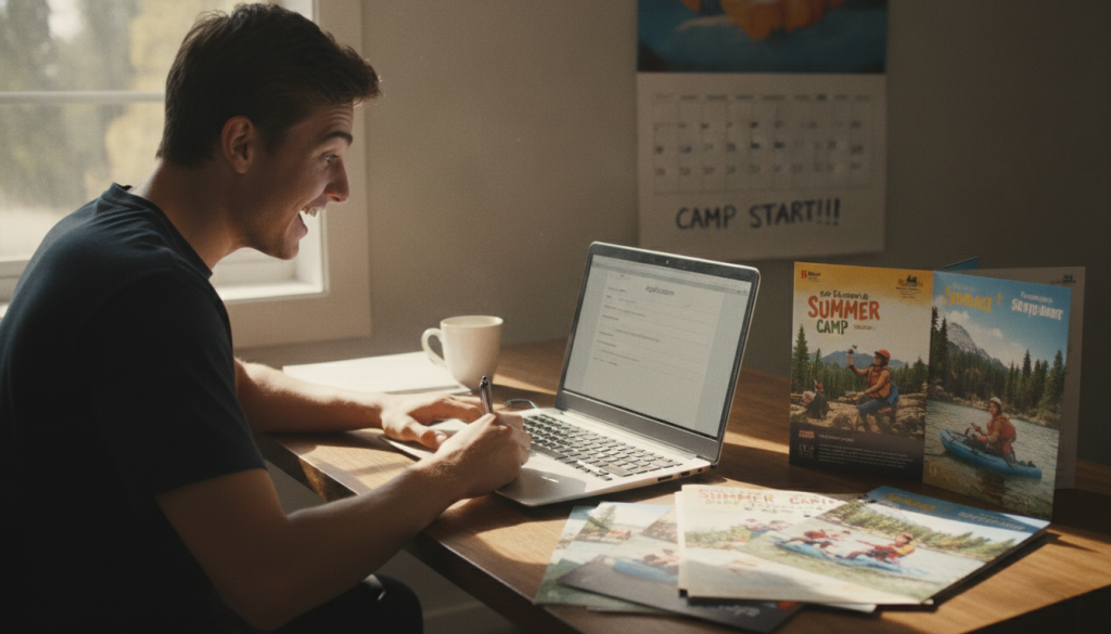 Joven llenando formulario de aplicación para campamentos de verano en USA