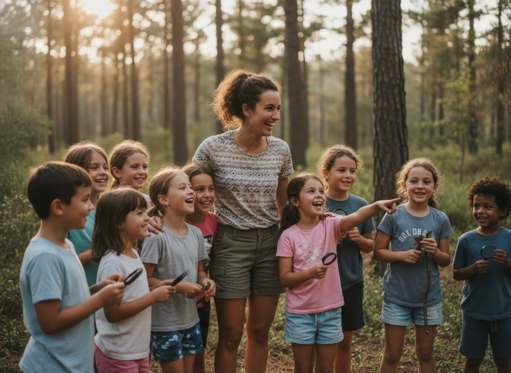Joven monitor feliz con niños en actividad de campamento