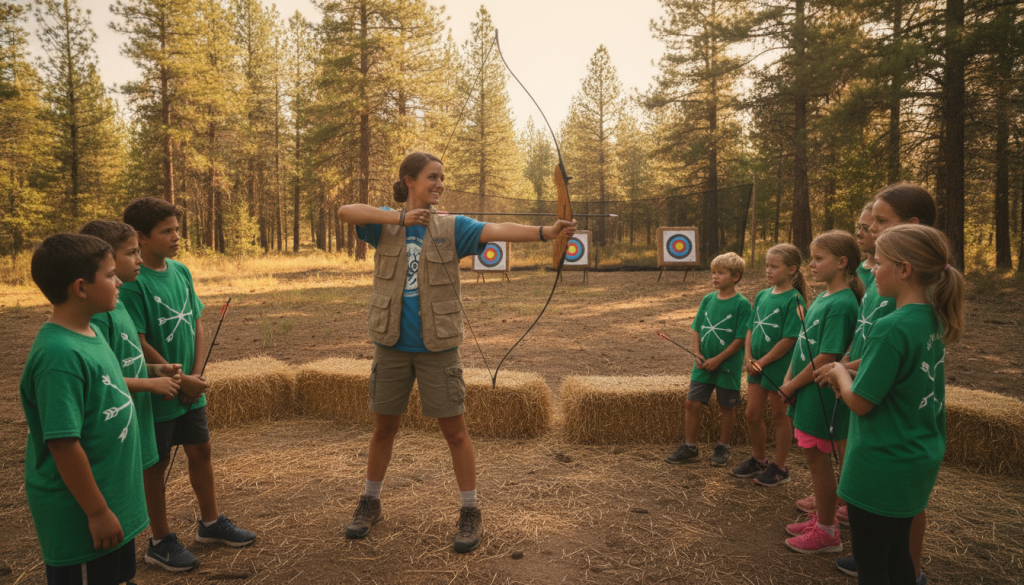 Monitor de campamento enseñando actividades deportivas a niños