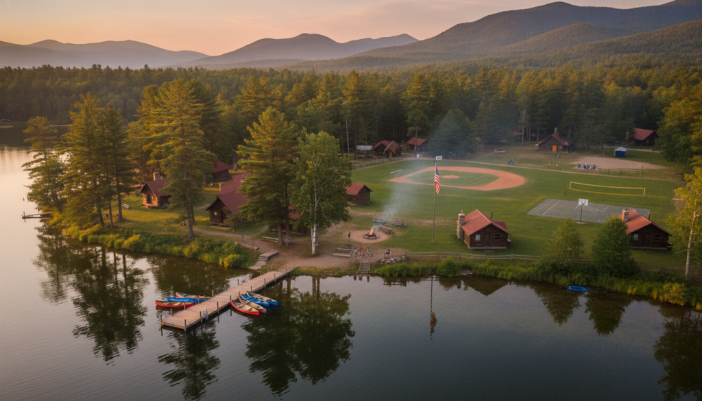 Vista panorámica de un campamento de verano tradicional americano con cabañas y lago